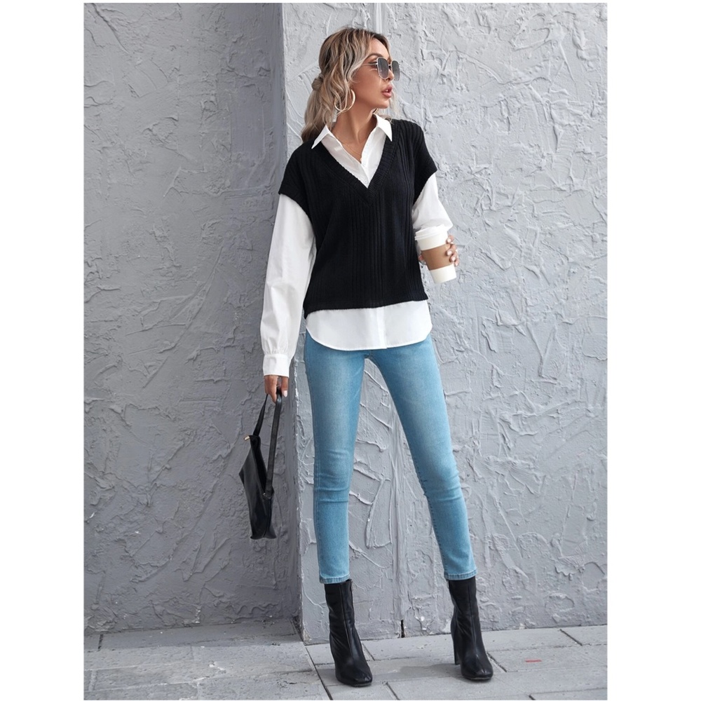 2 in 1 Black Knit Vest On White Button Up Shirt - Picture 4 of 12